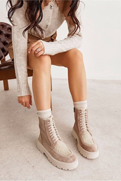 NILUFARR Γυναικείες μπότες Yami Beige Γνήσιες Suede Shearling