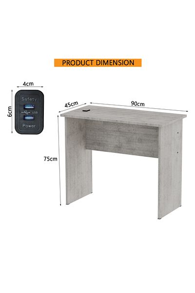 Mahmayi Modern MP1 Study Table, 90x45 with Black BS02 Desktop Socket Light Grey Chicago Concrete
