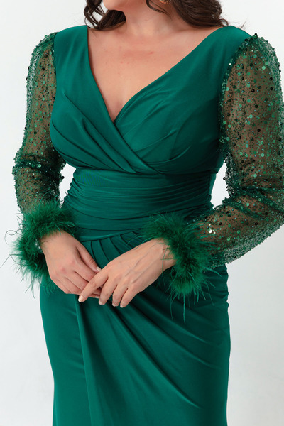 Lafaba Dámské smaragdově zelené rukávy s výstřihem do V a kamennými rozparky dlouhé večerní šaty velké velikosti