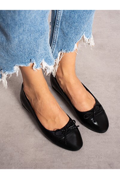 Alemdar Shoes FLOS Siyah Kroka Fiyonk Detaylı Kadın Babet