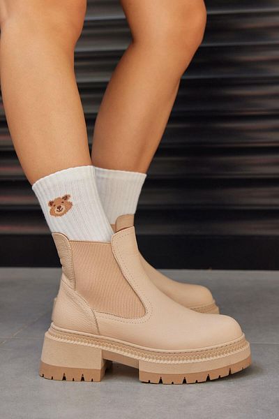 NILUFARR Γυναικείες μπότες Sista Beige Γνήσιο Δερμάτινο Χοντρό Σόλα