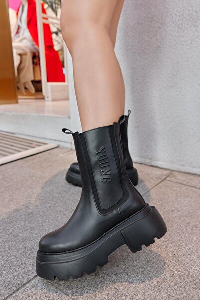 NILUFARR Young Black Genuine Leather Thick Soled Women's Boots