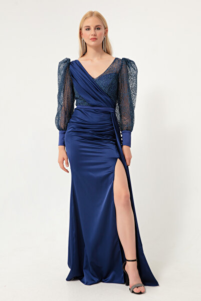 Lafaba Női sötétkék duplasoros galléros ezüstös hosszú szatén estélyi ruha