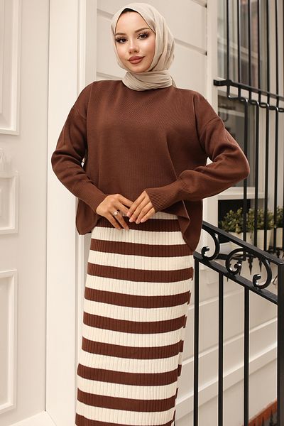 benguen Σετ πλεκτό 6088 Model Turtleneck Gilet - Καφέ ριγέ