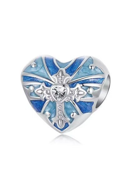 Fubena Mavi Madolyon Kalp Gümüş Charm
