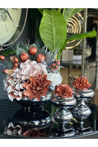 TASARIMHMODA Yapay Çiçekli Gümüş Yassı Vazo 3 Parça Set No:5