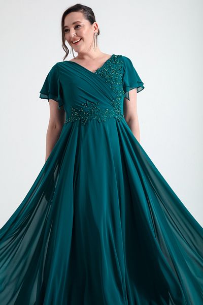 Lafaba Women's Emerald Green Double Breasted Jewelled Long Chiffon Evening Dress