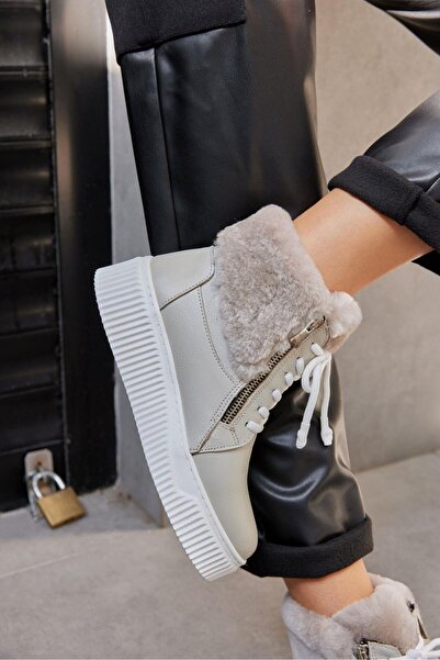 NILUFARR Sandnes Gri Hakiki Deri Kürklü Kadın Spor Bot