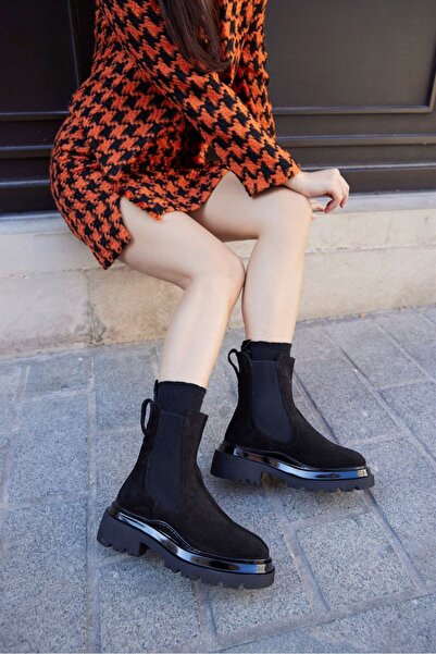 NILUFARR Cizme de damă cu talpă groasă din piele de căprioară autentică neagră închisă