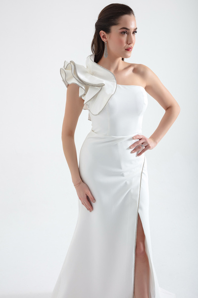 Lafaba Women's White One Shoulder Slit Long Evening Dress