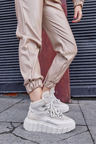 NILUFARR Candy Bej Hakiki Deri Kadın Sneaker Bot