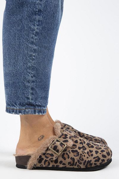 Manijero Zeta 2 Fur Leopard Pattern - Genuine Leather Belted Buckle Mink Sabo Slippers