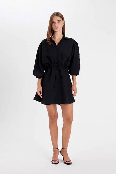 DeFacto Košilový límec v pase nabírané šněrování Basic Plain Modal Bat Sleeve Mini Černé šaty C4472Ax24Au