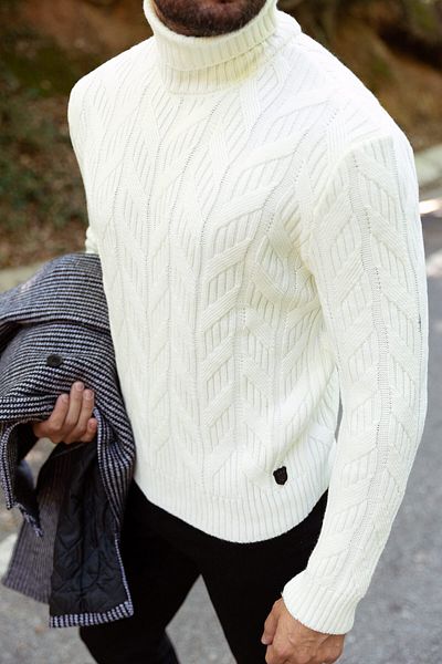 Mcr Knitted Slim Fit Full Turtleneck Wool Men's Sweater Ecru - 11350.21K
