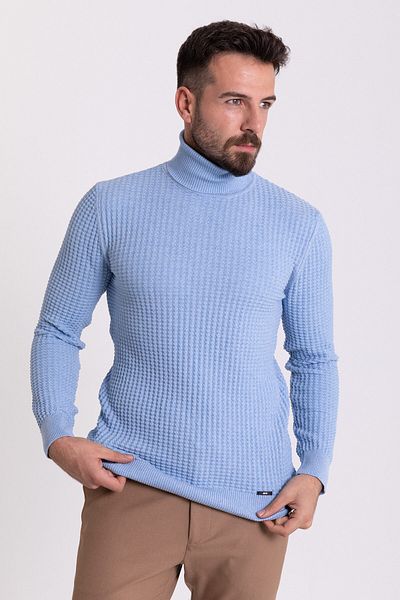 Mcr Pulover pentru bărbați, cu textura albastră, slim fit, cu gât întreg