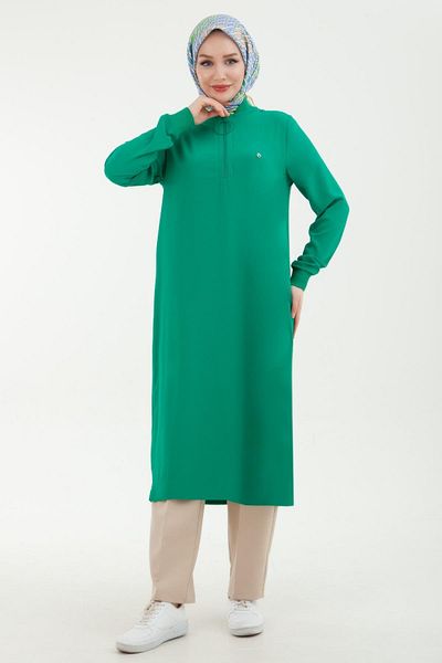 Armine 24yt436 Green Women's Ribbed Half Zipper Crepe Fabric Comfortable Cut 100% Polyester Tunic