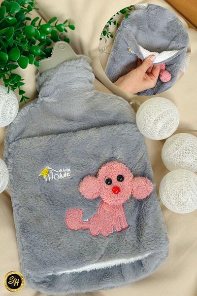 Snow Homs Grey - Hot Water Bag with Plush Case and Dog Emoji 2 Liters