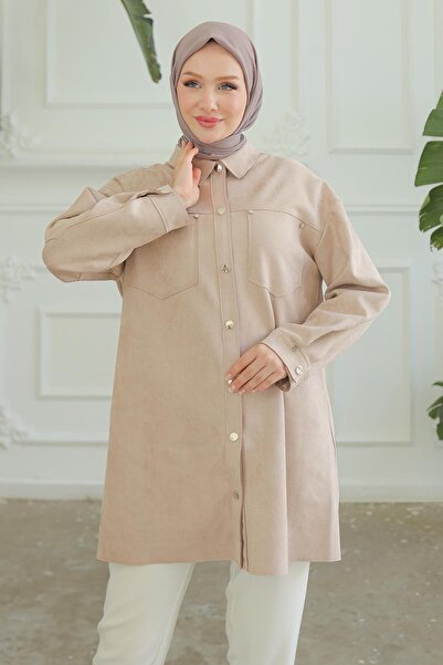 Armine TREND Çıtçıtlı Gömlek Yakalı Cepli Tunik Latte 24KT401