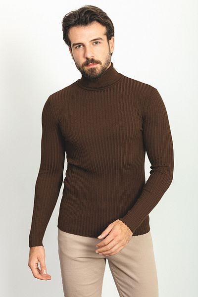 Mcr Striped Slim Fit Full Turtleneck Men's Sweater Brown - 11418.22K