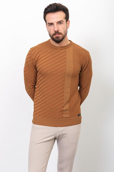 Mcr Patterned Slim Fit Crew Neck Men's Sweater Camel - 11382.22K