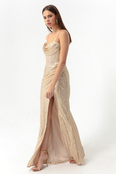 Lafaba Γυναικείο Μακρύ βραδινό φόρεμα με χρυσό underwire κορσέ με λεπτομέρεια με παγιέτες