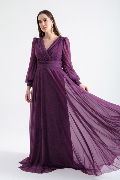 Lafaba Langes, glitzerndes Abendkleid mit V-Ausschnitt in Pflaume für Damen