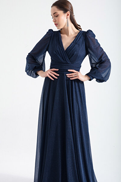 Lafaba Női sötétkék V-nyakú, csillogó, hosszú estélyi ruha