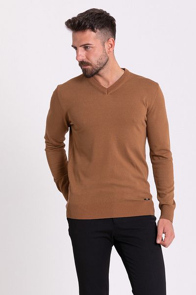 Mcr Plain Slim Fit V-Neck Men's Sweater Camel - 11356.21K