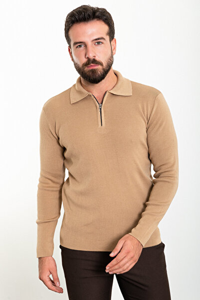 Mcr Прямий Slim Fit на блискавці з поло-коміром чоловічий трикотажний светр камельного кольору - 11464.23K