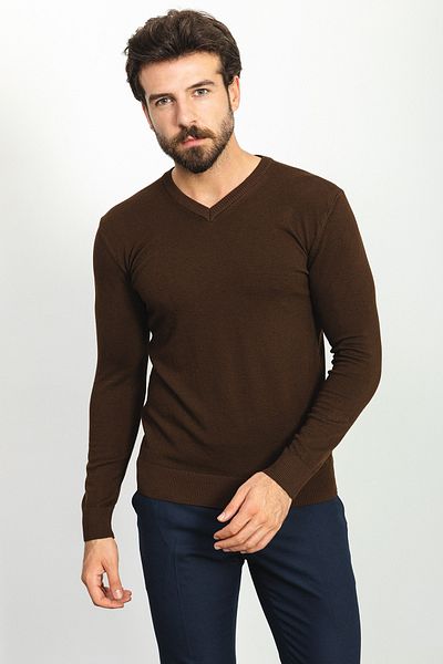 Mcr Plain Slim Fit V-Neck Men's Sweater Brown - 11356.21K
