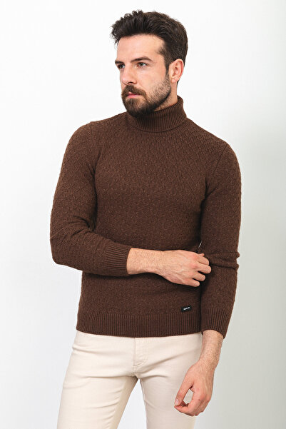 Mcr Patterned Slim Fit Full Turtleneck Wool Men's Sweater Coffee - 11400.22K