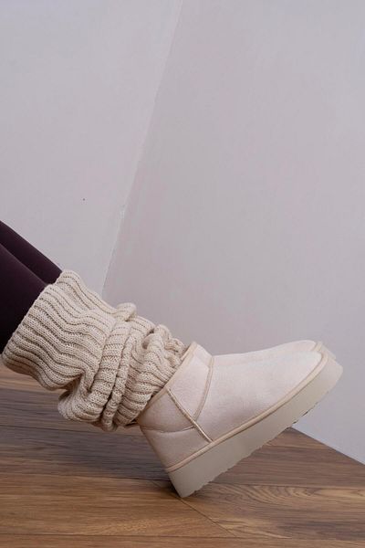 sovrana Beige Suede Thick Sole and Fur Lined Boots