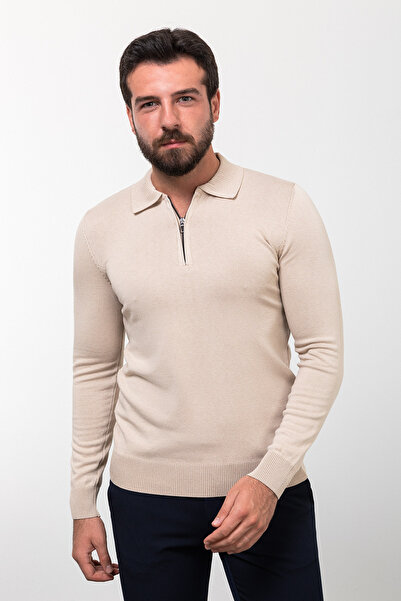 Mcr Ανδρικό πλεκτό πουλόβερ με λαιμόκοψη με φερμουάρ εφαρμοστό μονόχρωμο μπεζ - 11451.23k
