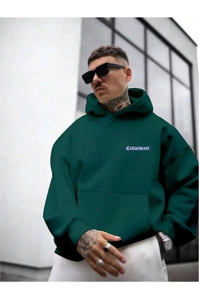 NO 601 Men's Green Hooded Cellorheart Printed Sweatshirt