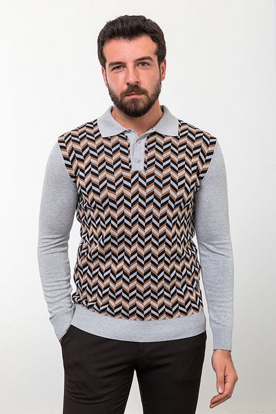 Mcr Patterned Slim Fit Polo Neck Men's Knitwear Sweater Gray - 11452.23K