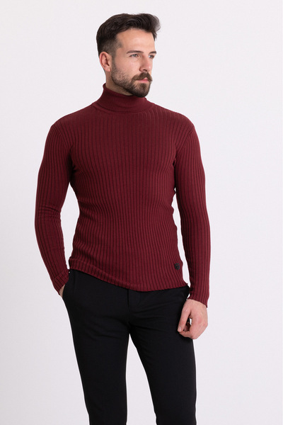 Mcr Смугастий Slim Fit чоловічий светр з повним коміром бордового кольору - 1...