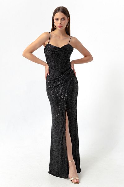 Lafaba Women's Black Underwire Corset Detailed Sequined Slit Long Evening Dress