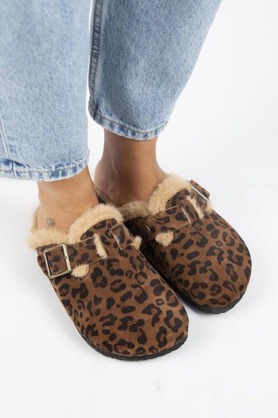 Manijero Zeta 2 Leopard Patterned Furry Genuine Leather Women's Slippers - with Belt and Buckle