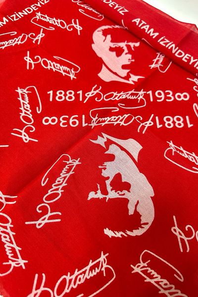 MAZEN Red Color Multi-Purpose Bandana Scarf with Atatürk Picture and Signature (29 October, 23 April, Republic)