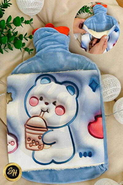 Snow Homs أزرق - كيس ماء ساخن قابل للإزالة مع غطاء مخملي مجسم سعة 2 لتر