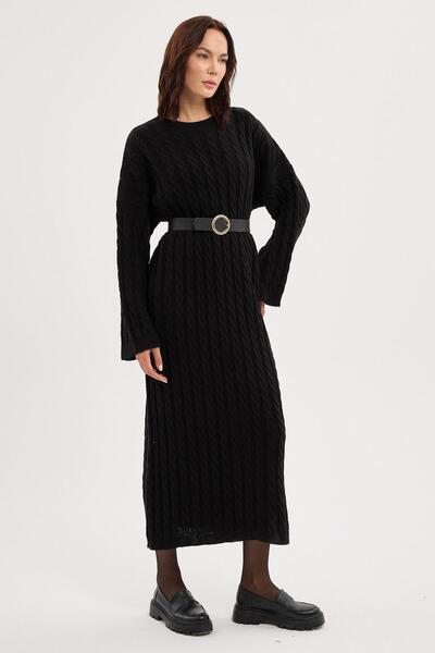 EAFFEL KADIN SİYAH BİSİKLET YAKA SAÇ ÖRGÜLÜ TRİKO ELBİSE