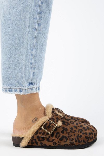 Manijero Zeta 2 Leopard Patterned Furry Genuine Leather Women's Slippers - with Belt and Buckle