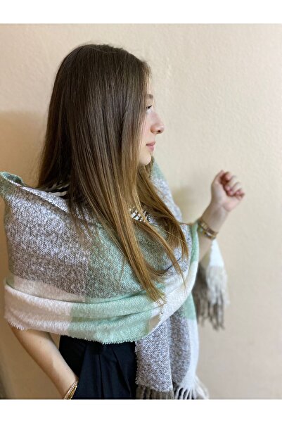 sema aksesuar Γυναικείο Φουλάρι Χειμερινό Ανοιχτό Πράσινο Κρεμ καρό σάλι - Δώρο