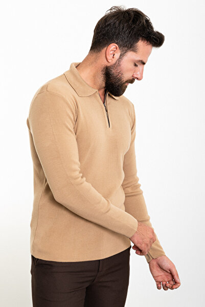 Mcr Прямий Slim Fit на блискавці з поло-коміром чоловічий трикотажний светр камельного кольору - 11464.23K