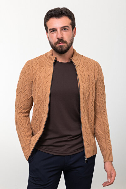Mcr Braided Slim Fit Judge Collar Zippered Wool Men's Knitwear Cardigan Camel - 11236.23K