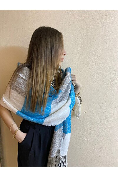 sema aksesuar Γυναικείο Φουλάρι Χειμερινό Μπλε Καρό Μπουκλ Σάλι - Δώρο