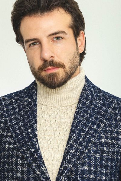 Mcr Checkered Slim Fit Wide Collar Wool Men's Coat Navy Blue - 21255.22K