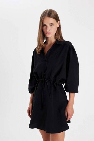 DeFacto Košilový límec v pase nabírané šněrování Basic Plain Modal Bat Sleeve Mini Černé šaty C4472Ax24Au