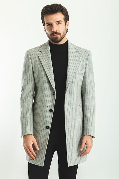 Mcr Striped Slim Fit Mono Collar Wool Men's Coat Gray - 21263.22K