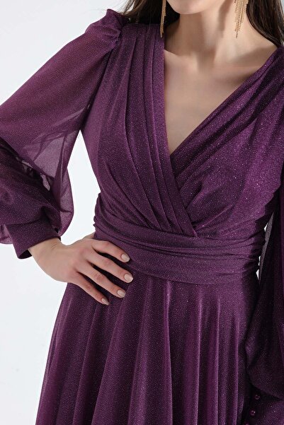 Lafaba Damska śliwkowa, brokatowa, długa suknia wieczorowa z dekoltem w kształcie litery V